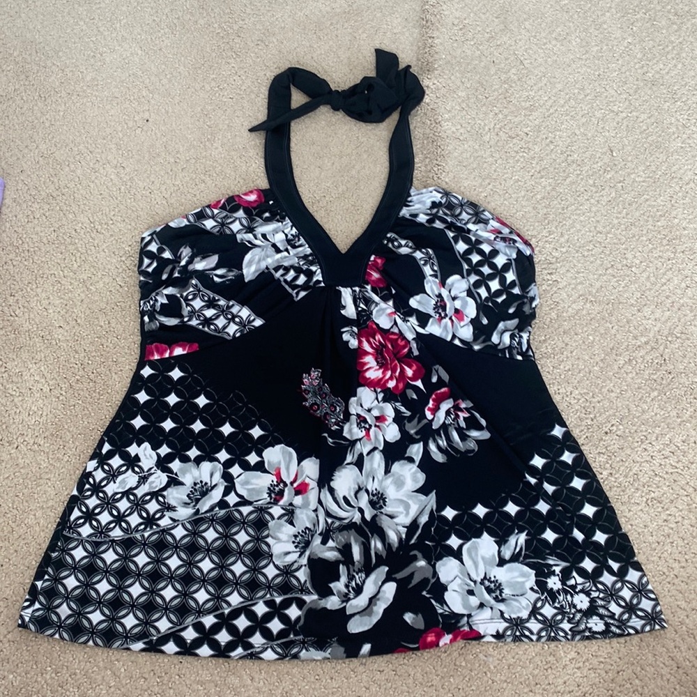 Black Floral Halter Tank Top with Red Accents